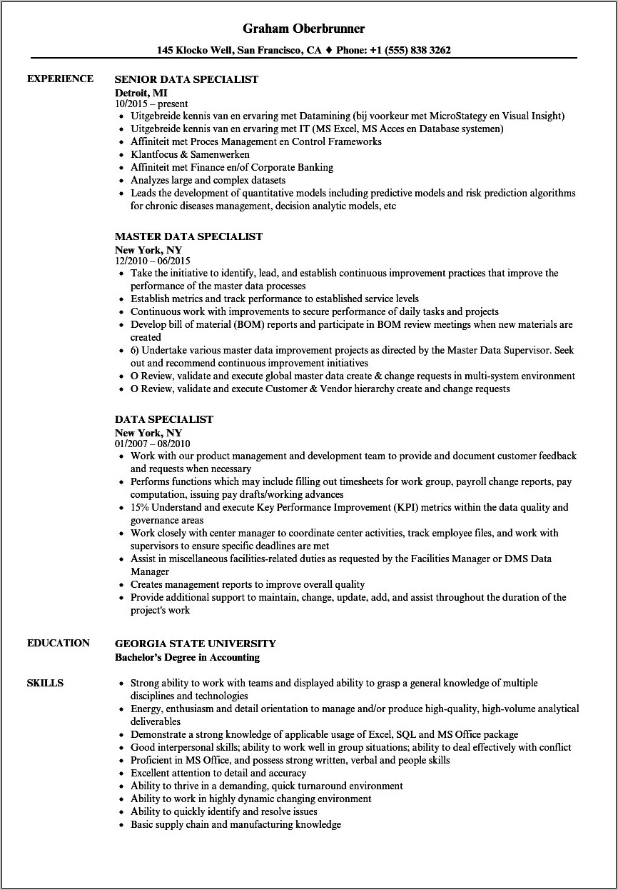 Data Specialist Job Description Resume