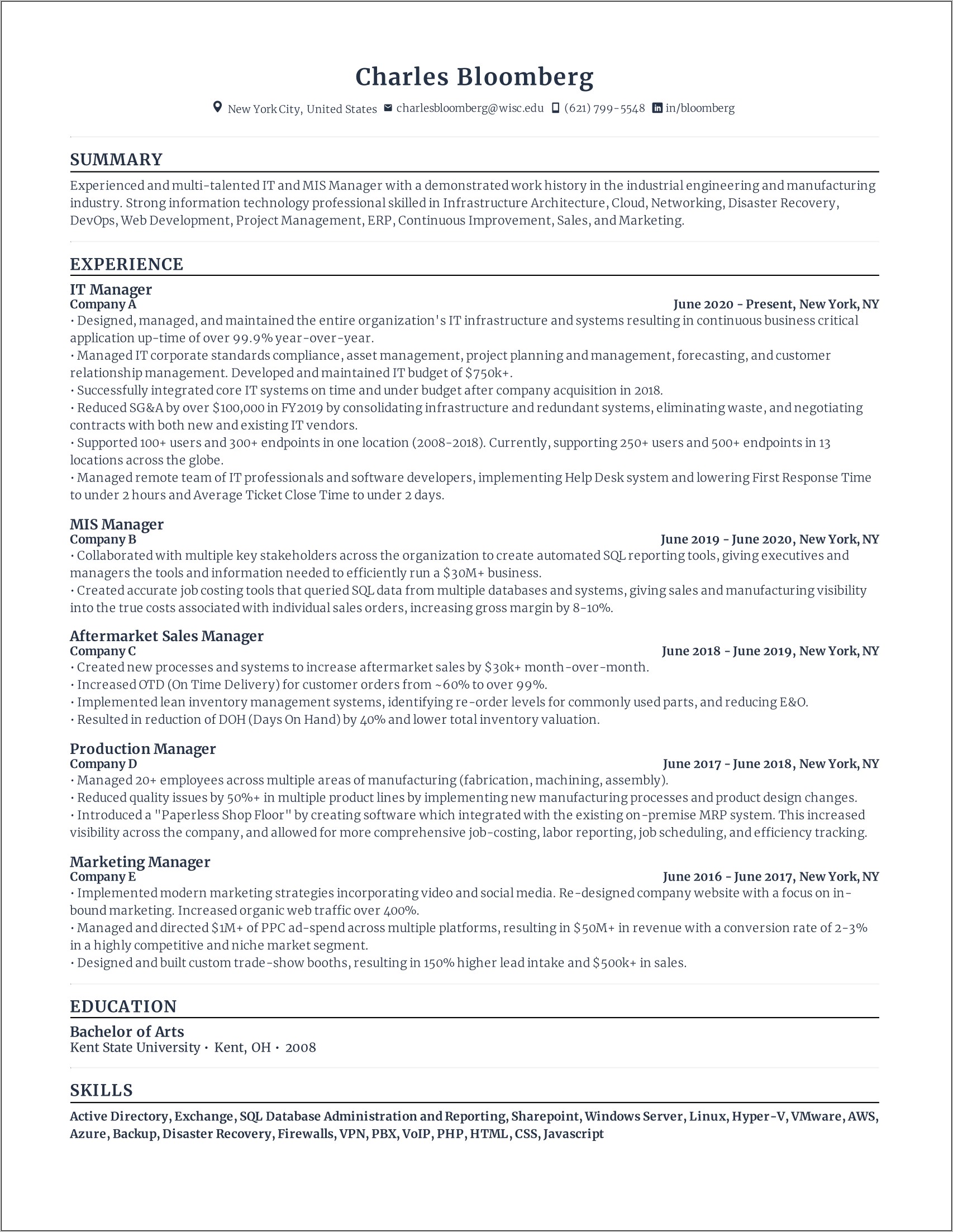 Database Administrator And Manager Resume Examples