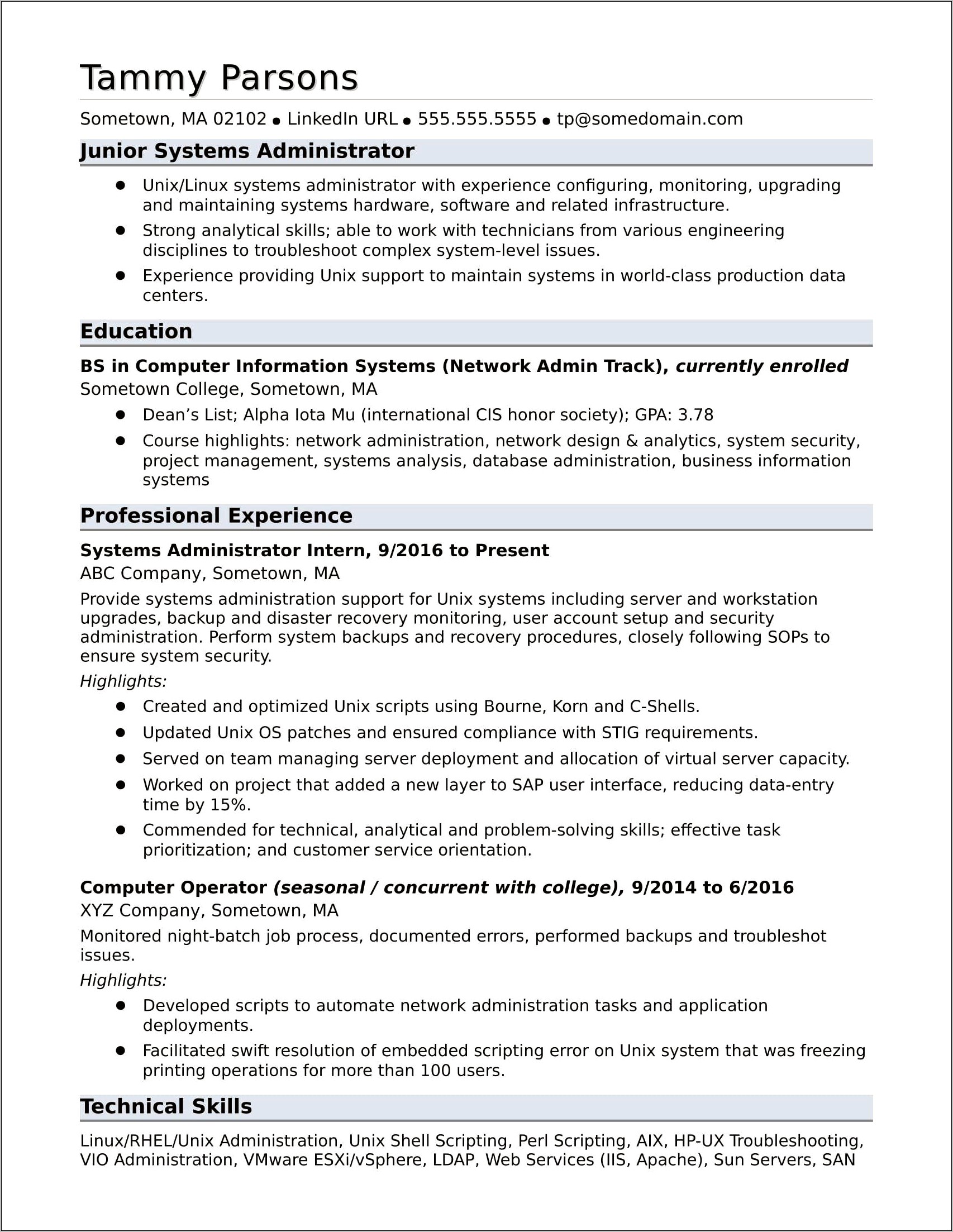Database Administrator Resume With No Experience
