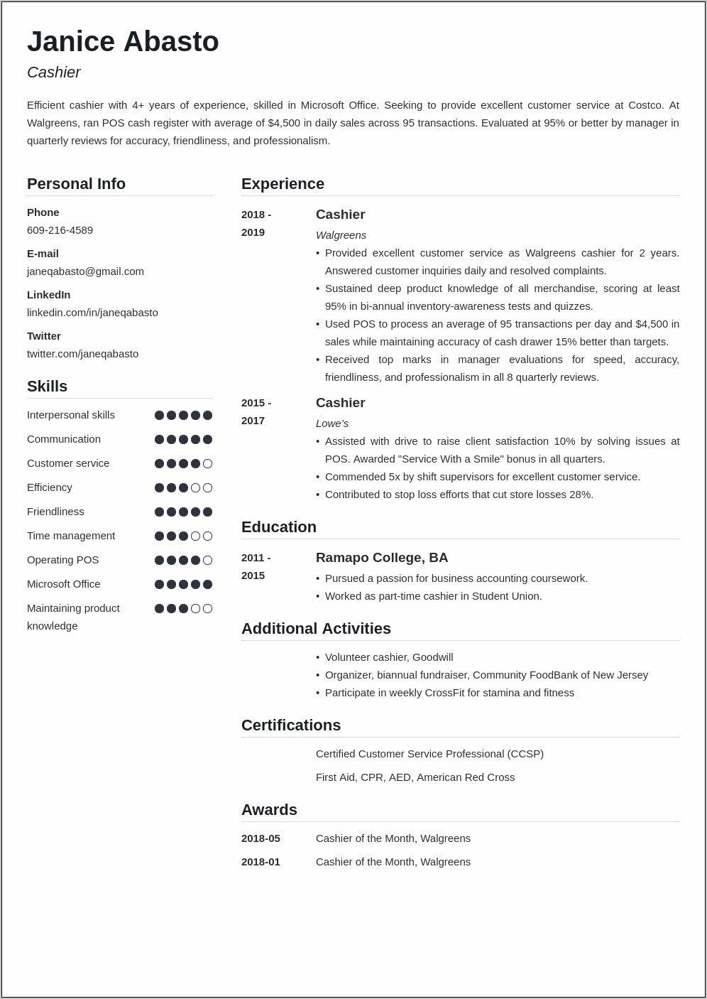 Dave & Busters Server And Cashier Resume Example