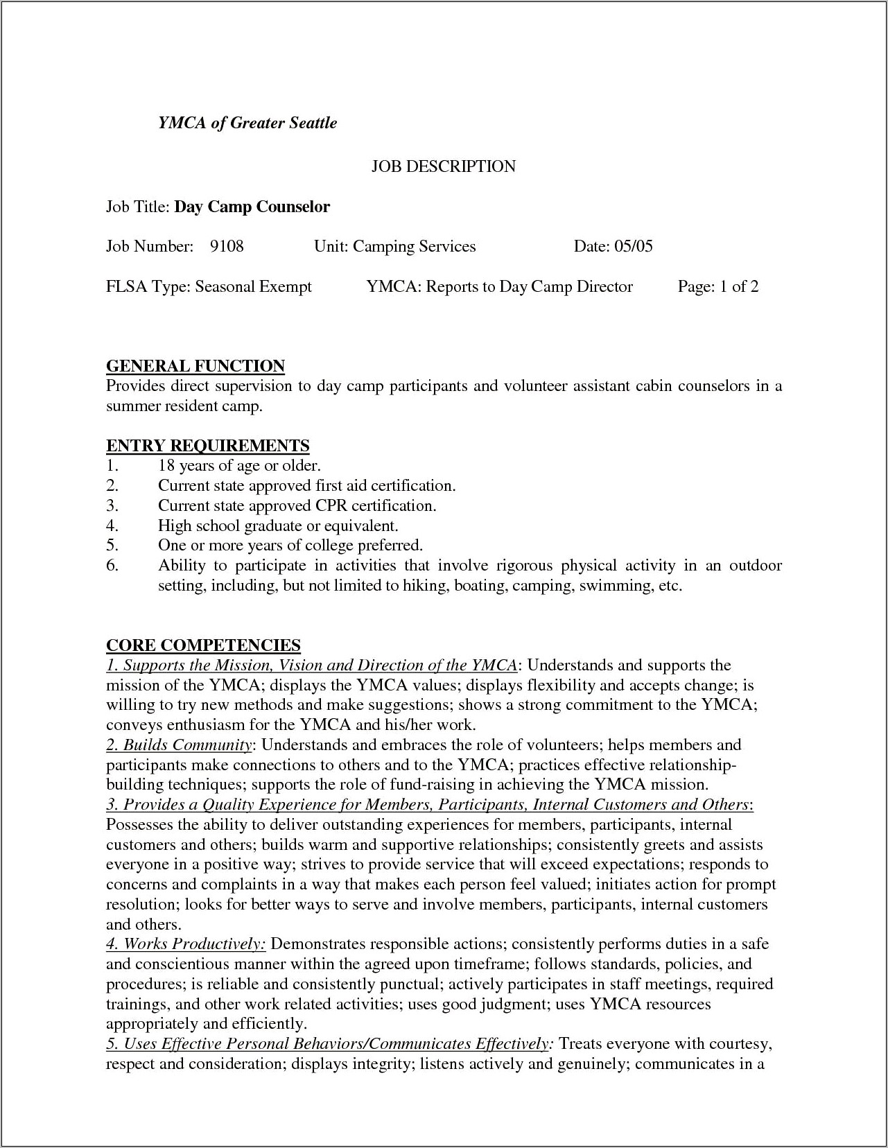 Day Camp Counselor Job Description Resume
