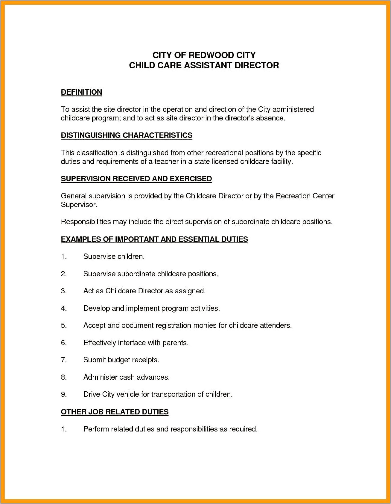 Day Care Director Job Description For Resume