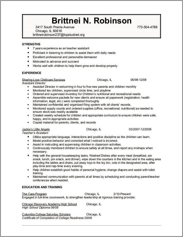 Daycare Assistant Director Resume Example