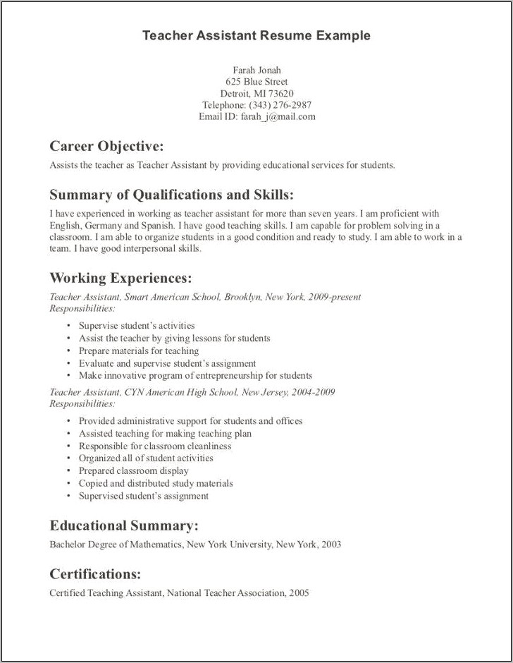 Daycare Assistant Teacher Resume With No Experience
