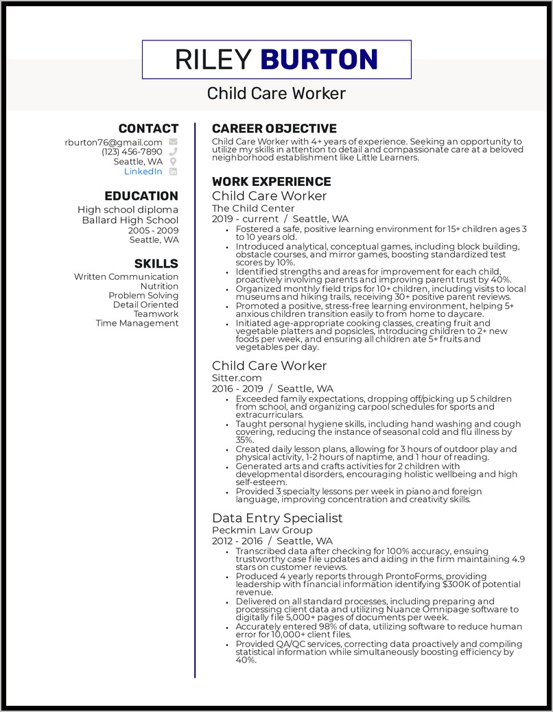 Daycare Caregiver Job Description For Resume