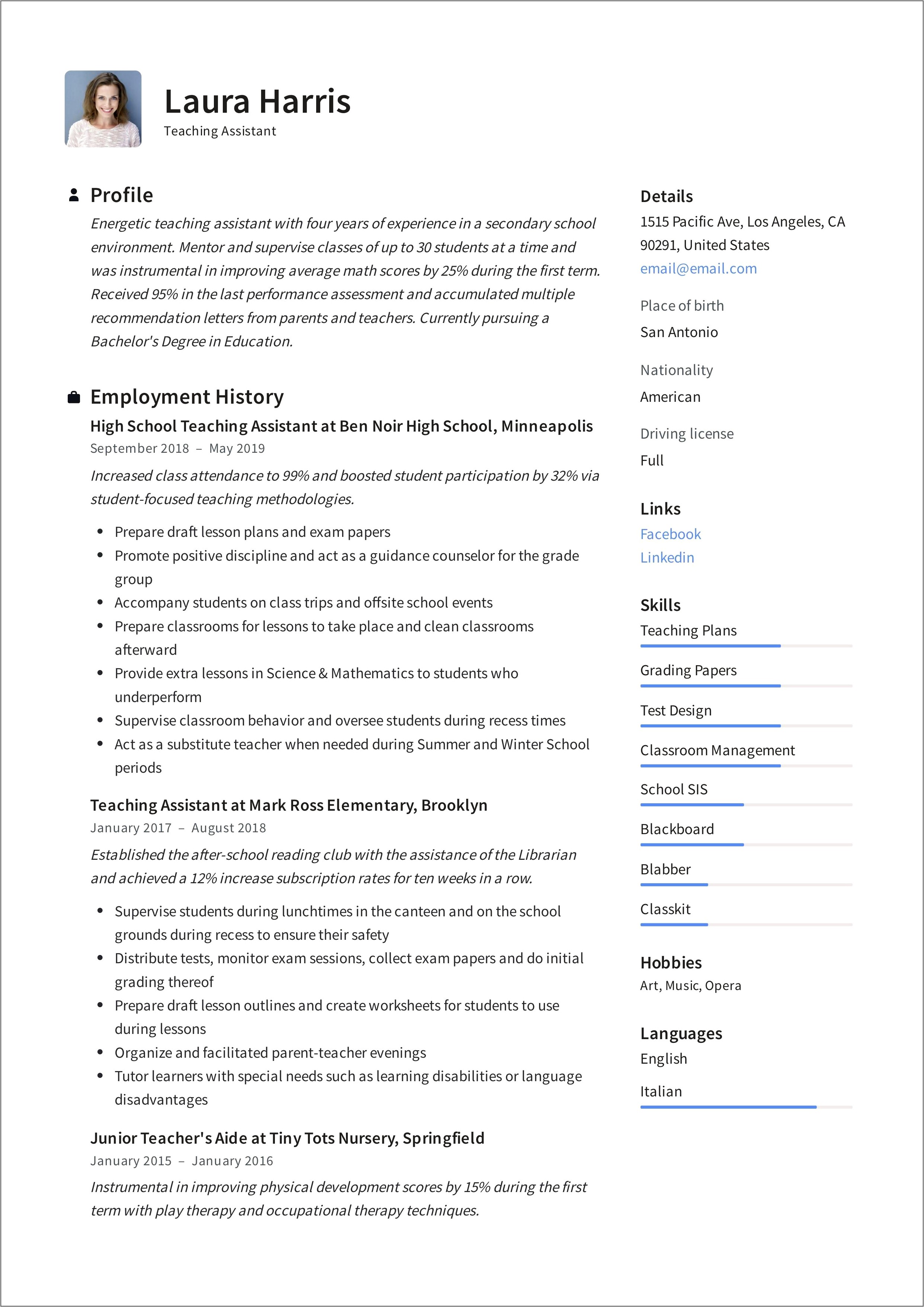 Daycare Teacher Assistant Job Description For Resume