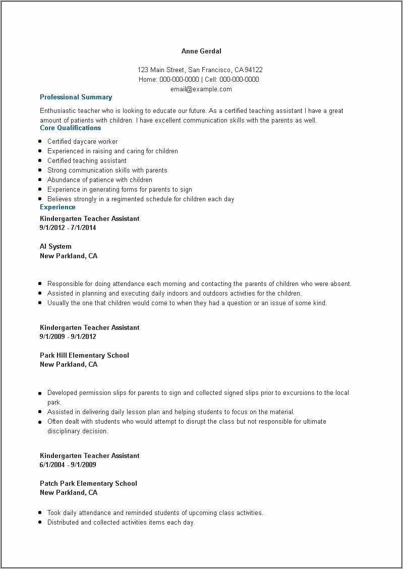 Daycare Worker To Techer Resume Summery