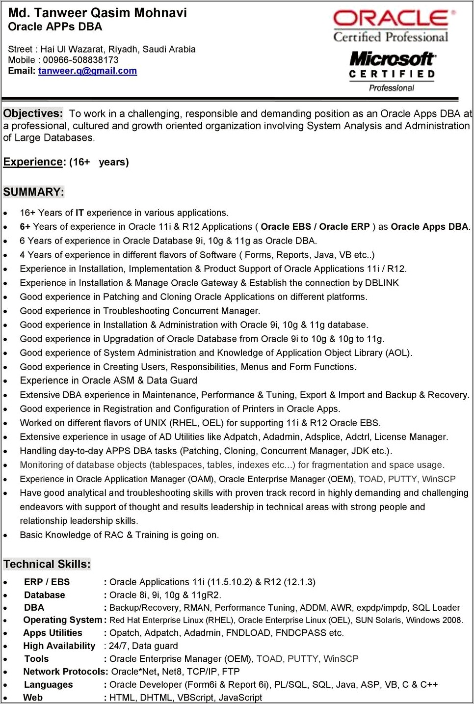 Dba Ebs Experience Resume For Business Analsyt