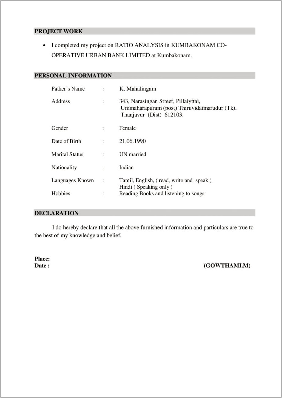 Declaration In Resume For Freshers Examples