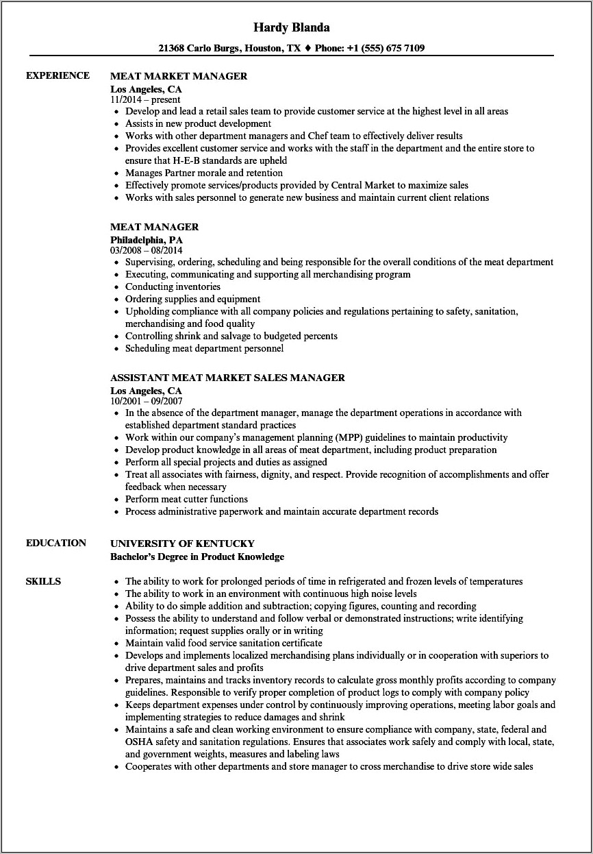Deli Manager Job Description Resume