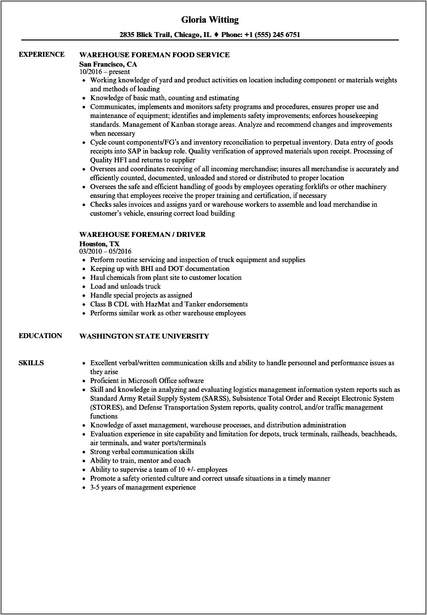 Delivery Foreman Job Description For Resume