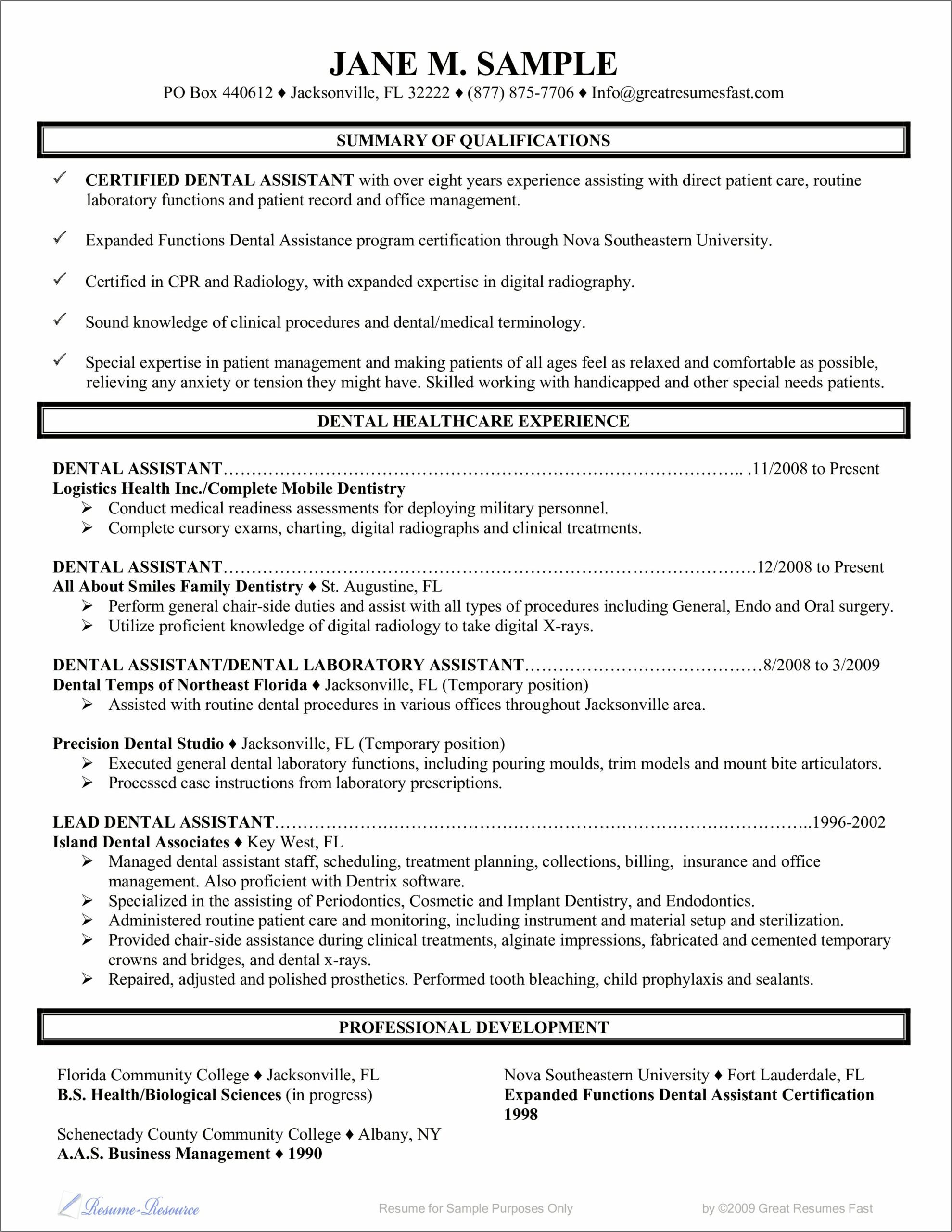 Dental Assistant Professional Summary For Resume