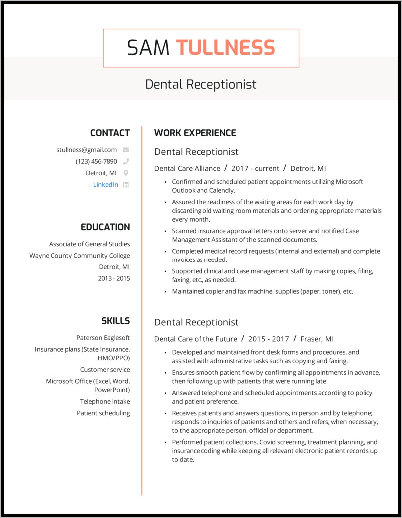 Dental Front Office Assistant Resume Sample