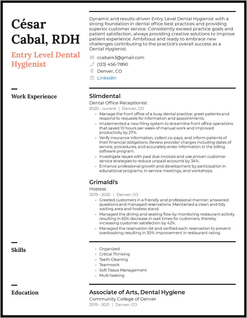 Dental Hygiene Resume With Picture Template
