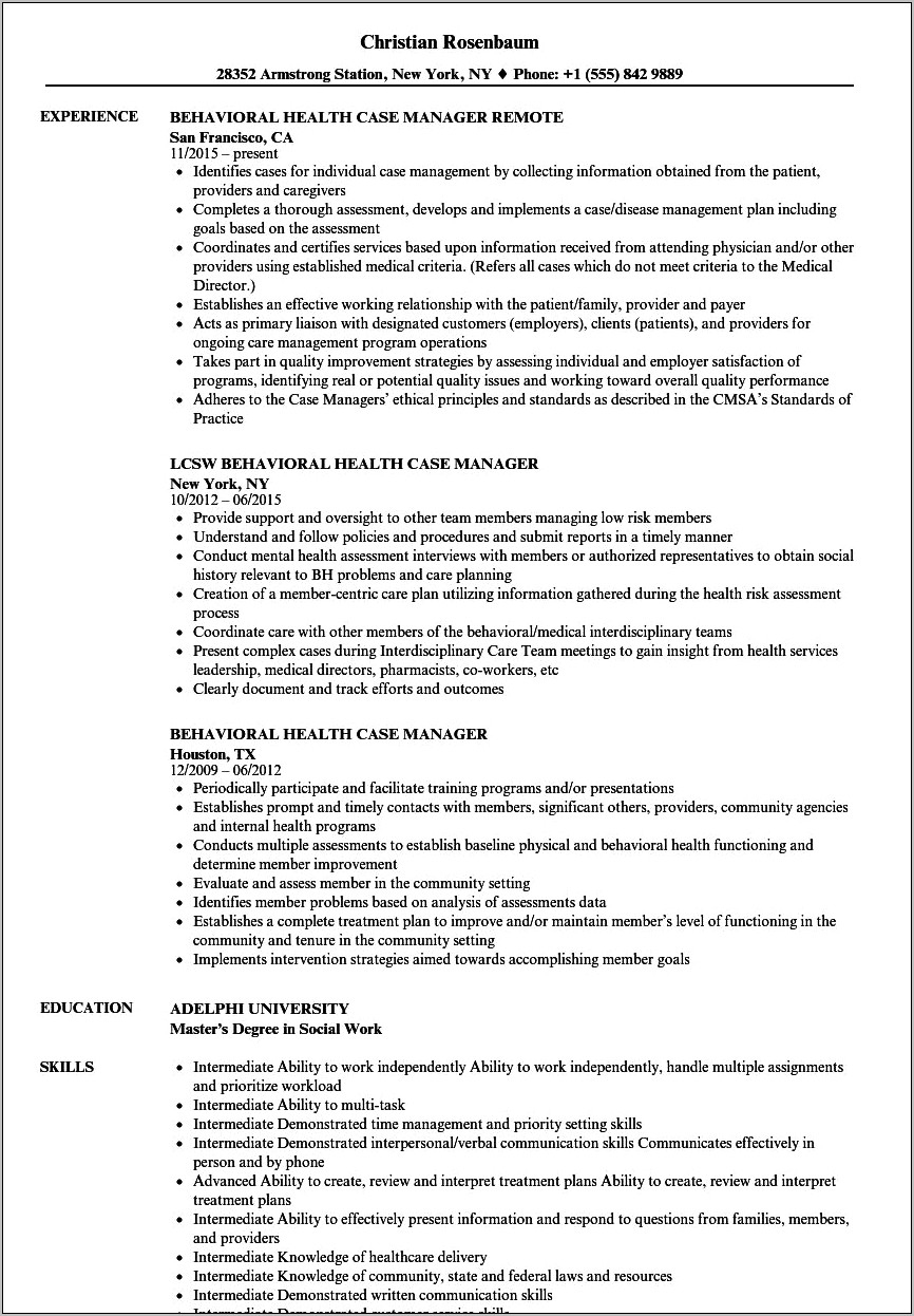 Dependency Case Manager Job Description For Resume