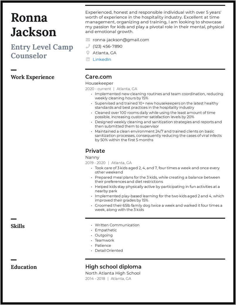 Description For Camp Counselor On Resume