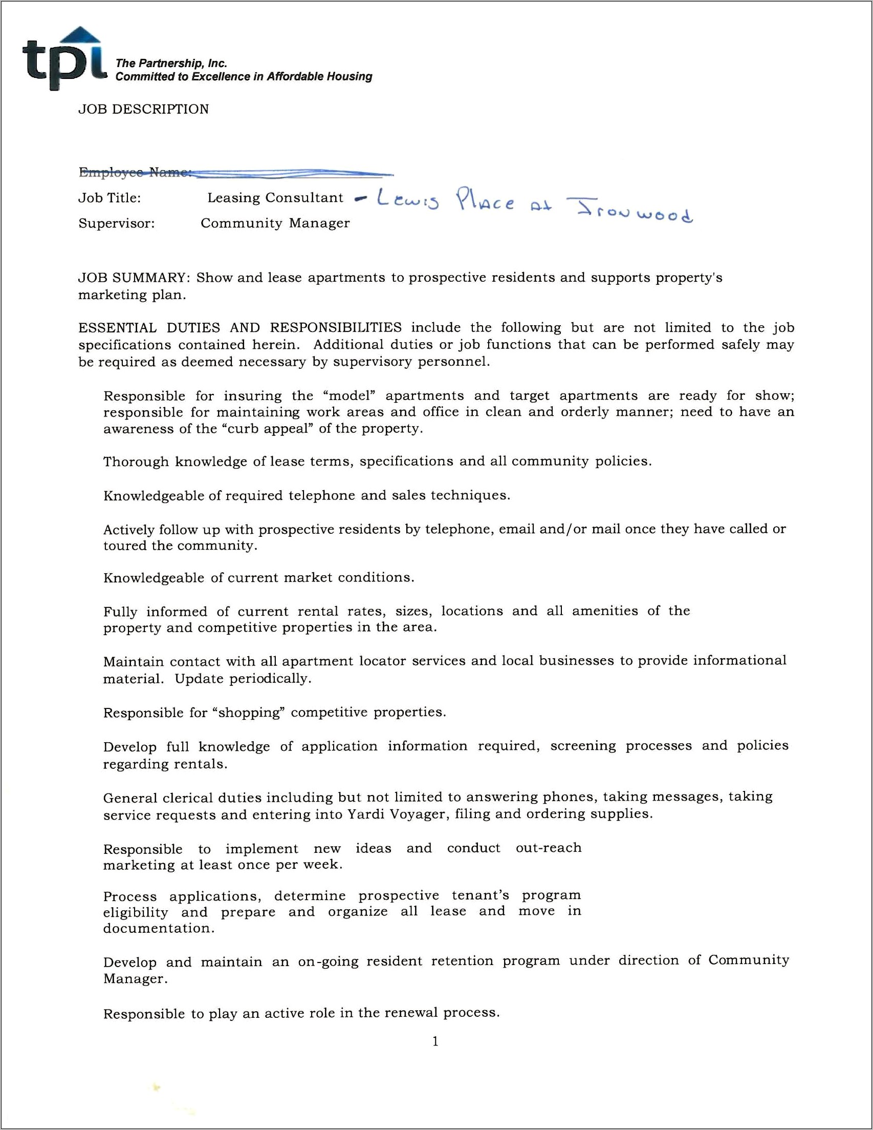 Description For Leasing Consultant On Resume