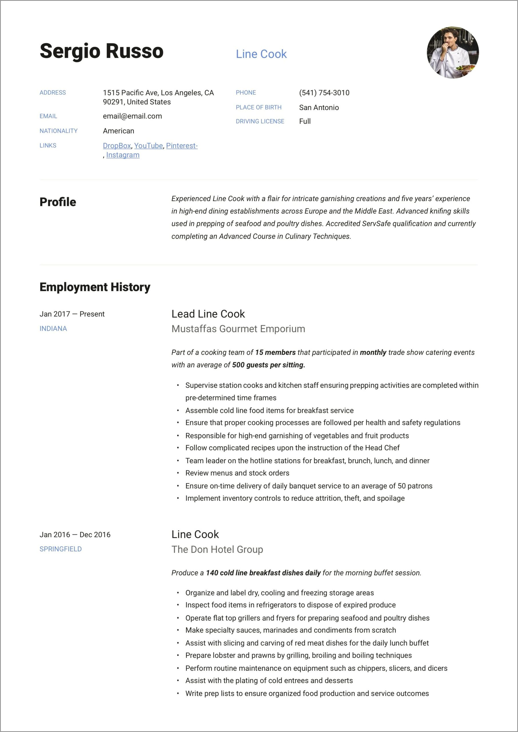 Description Of A Cook On A Resume
