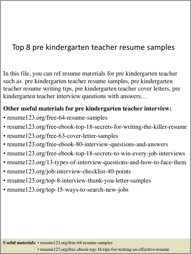 Description Of A Kindergarten Teacher On Resume