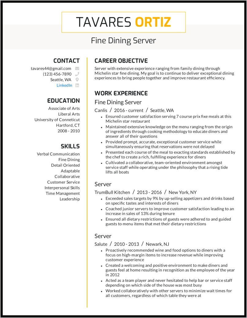 Description Of A Server T On A Resume