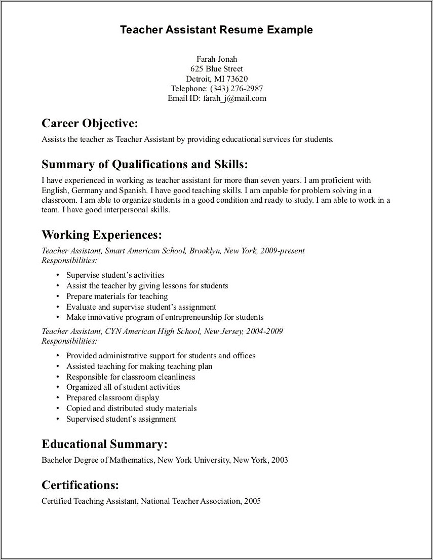 Description Of A Teching Assitant In A Resume