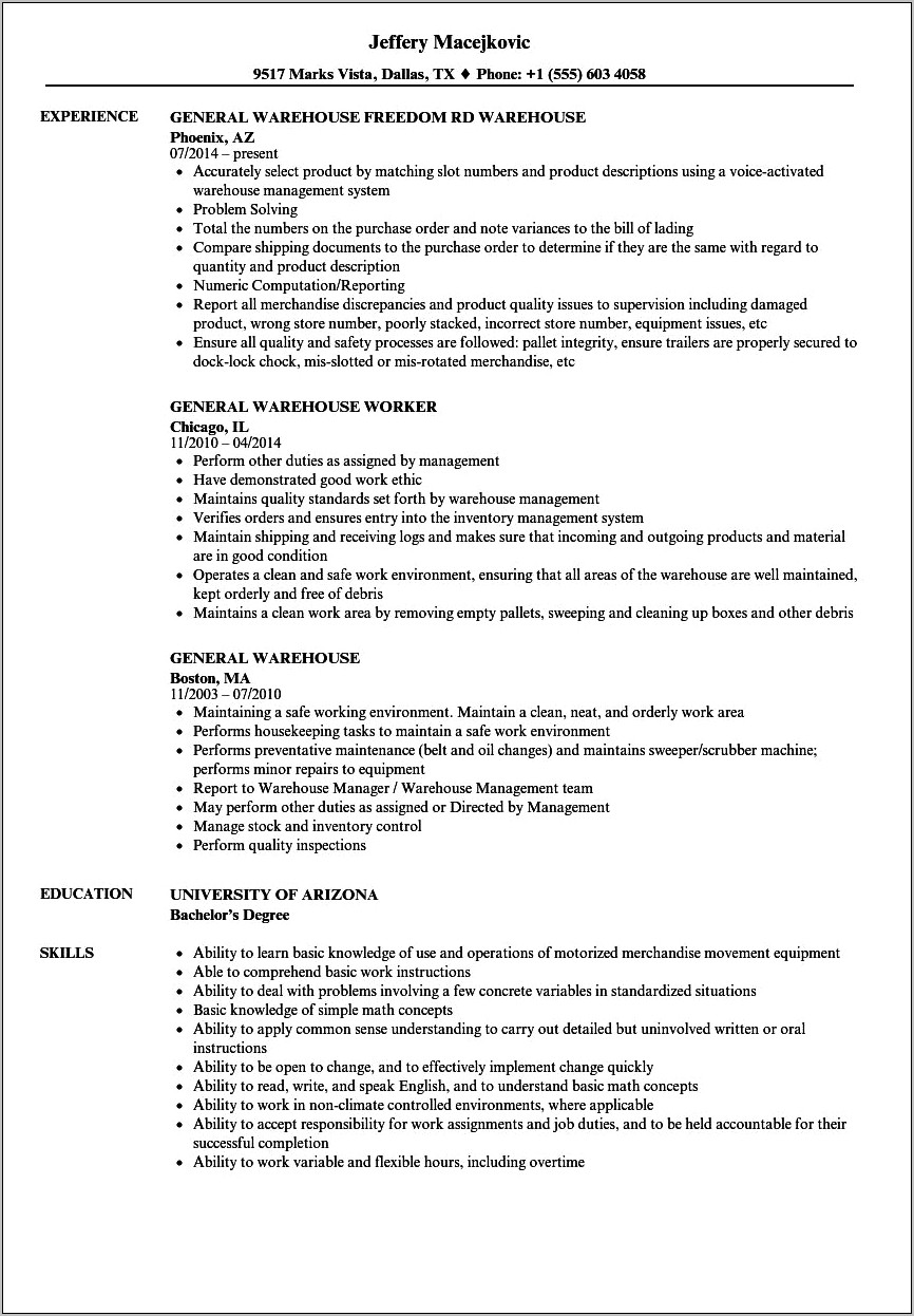 Description Of A Warehouse Worker For Resume