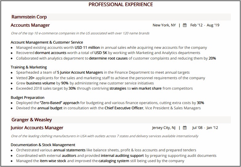 Description Of An Account Manager For A Resume