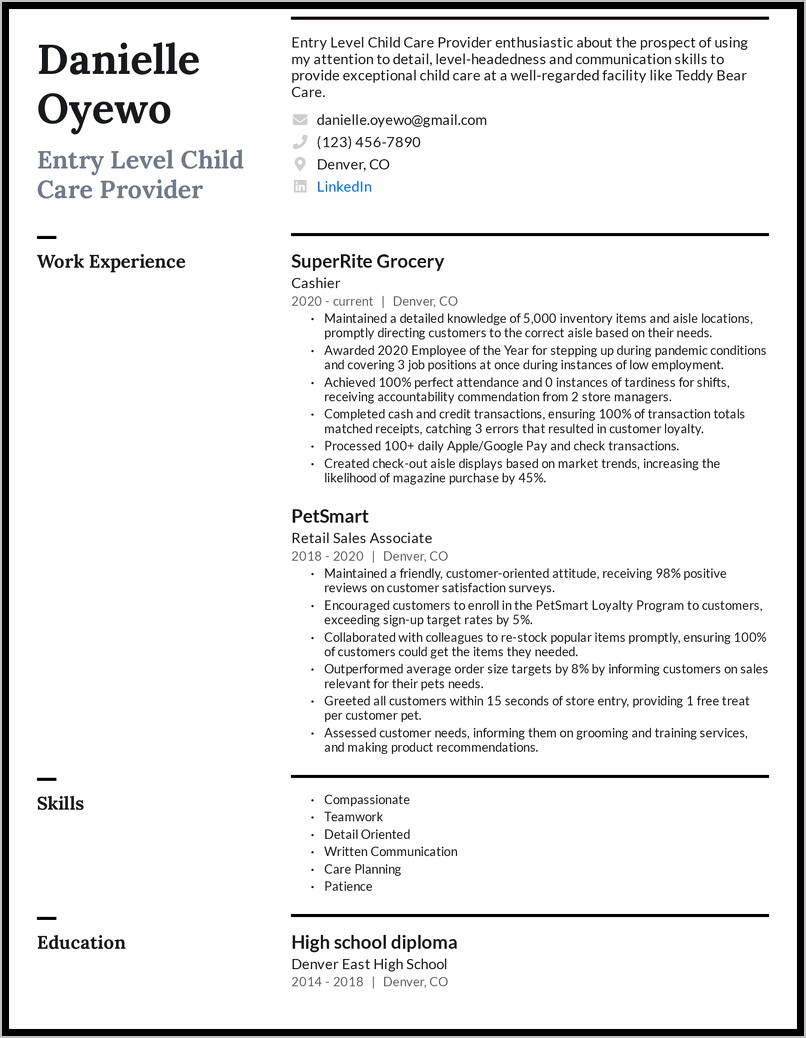 Description Of Child Care Provider On Resume