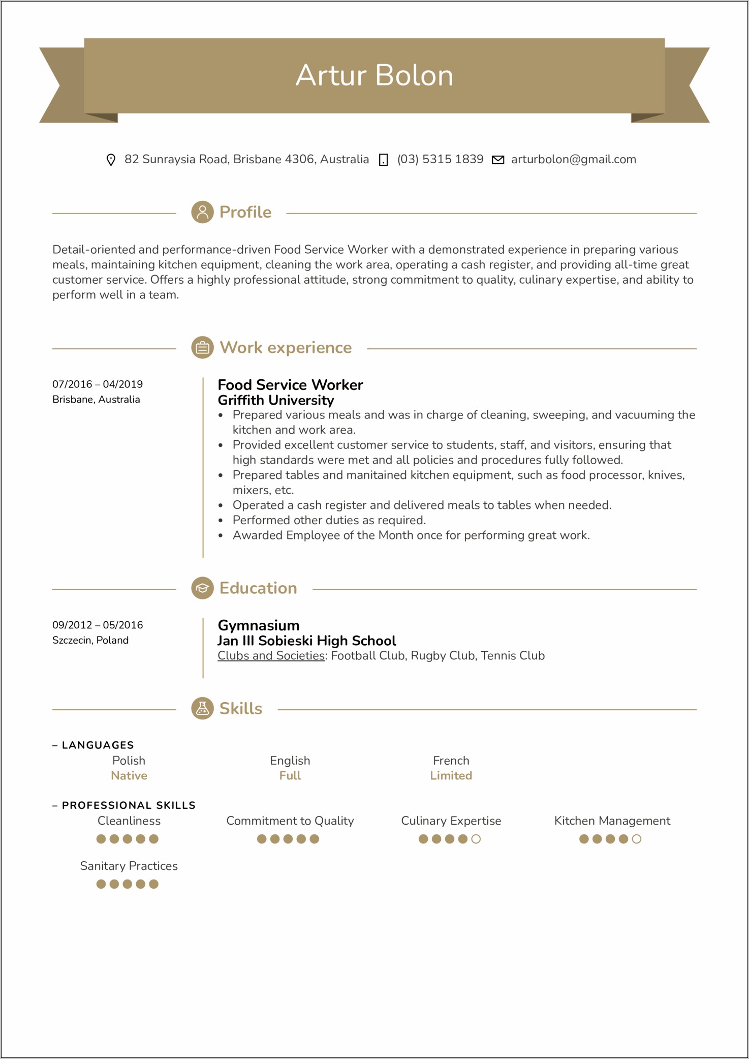 Description Of Customer Service In Restaurant Resume