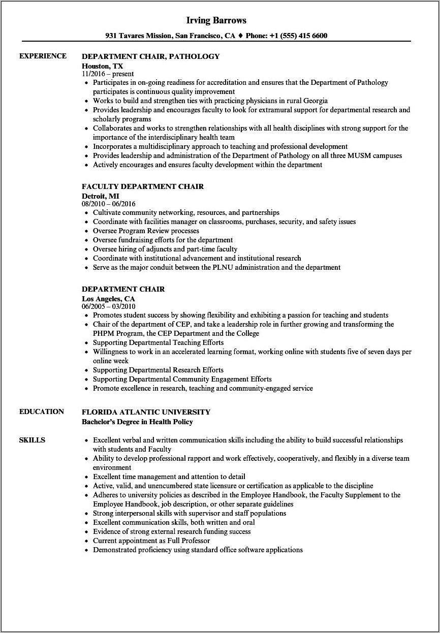 Description Of Department Chair On Resume