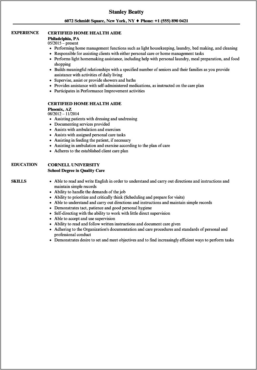 Description Of Duty Aid For Resume