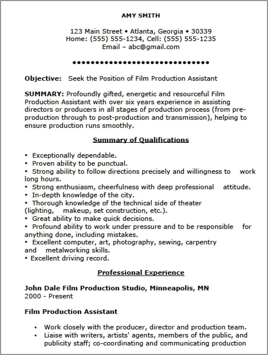 Description Of Movies You Worked On On Resume