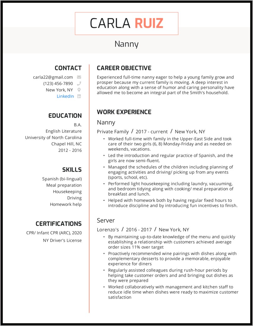 Description Of Nanny Job For Resume