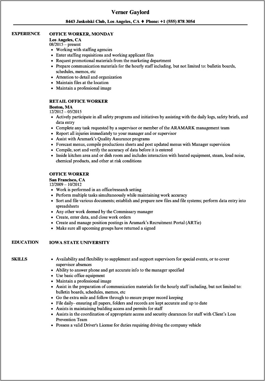 Description Of Office Job For Resume