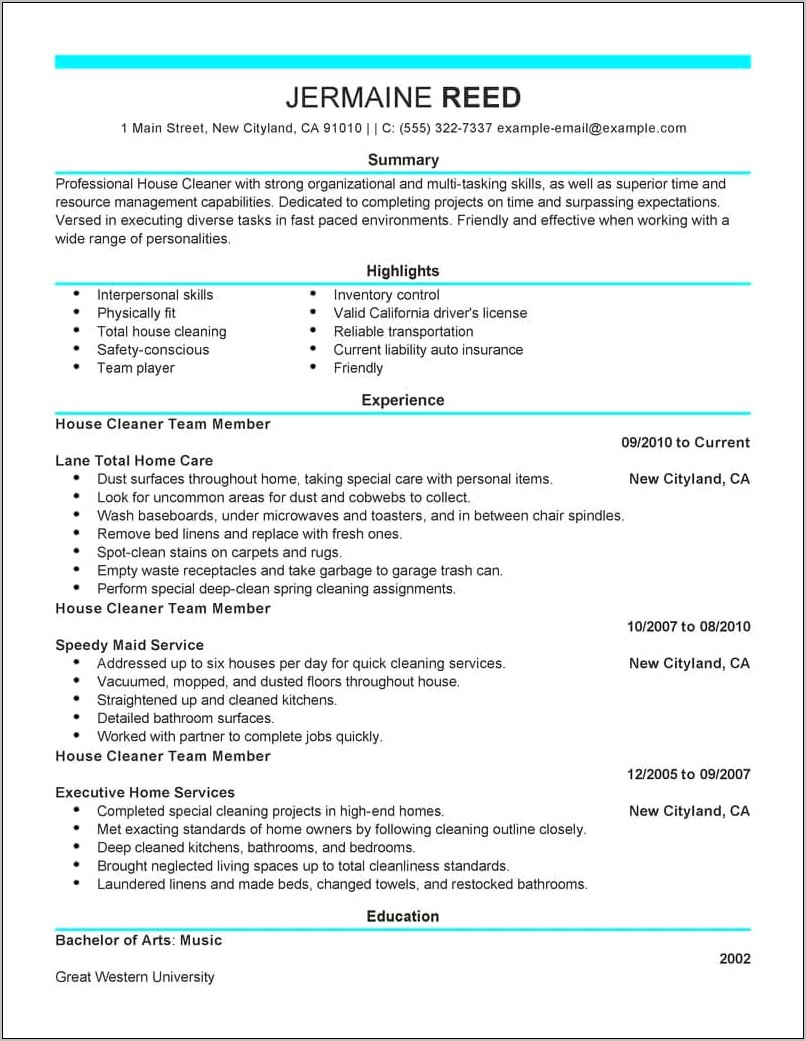 Description Of Residential Cleaning Service For Resume