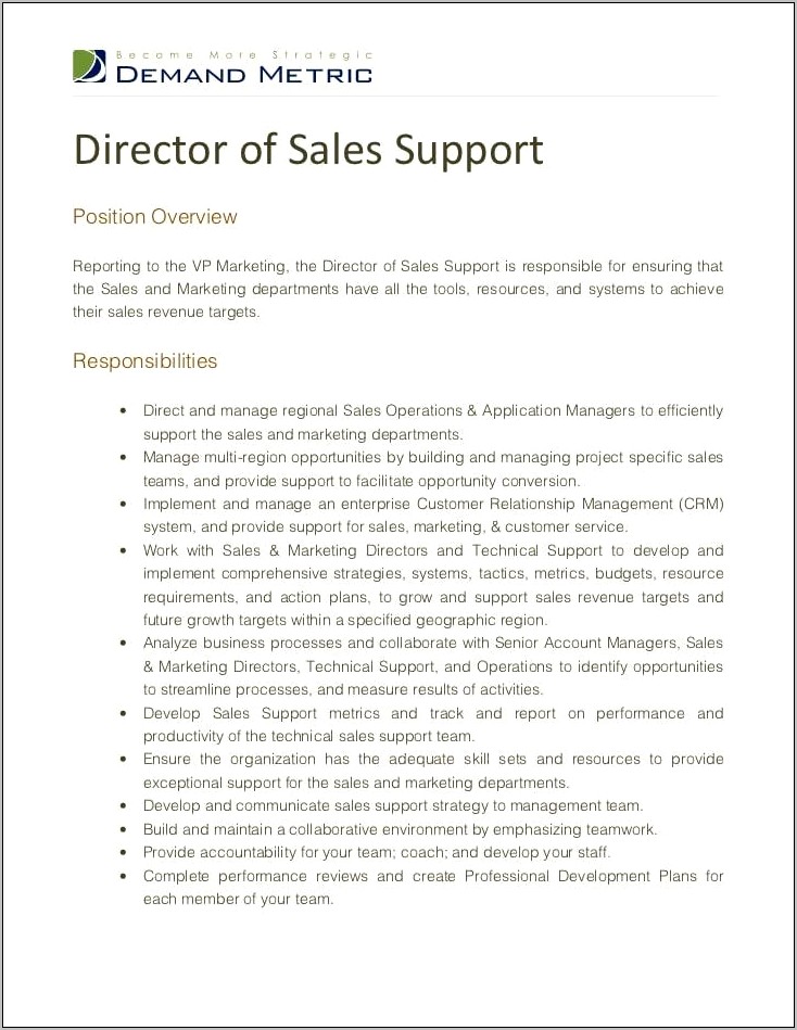 Description Of Sales Job On Resume