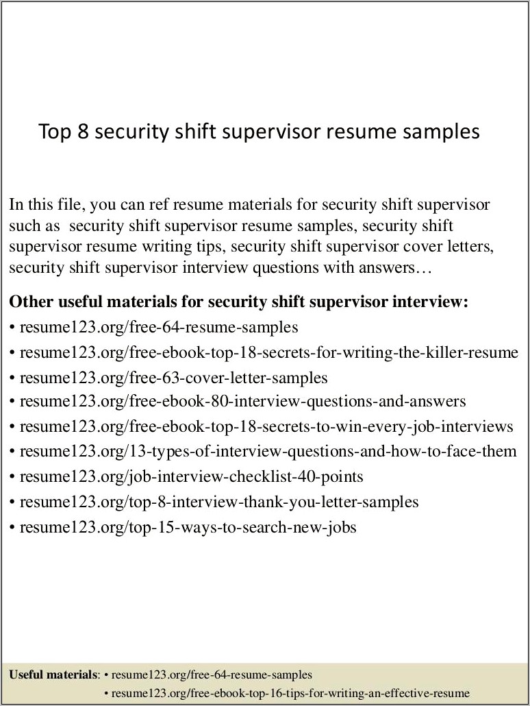 Description Of Shift Supervisor For Resume