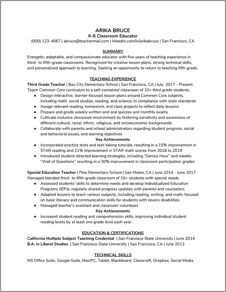 Description Of Teaching Experience For Resume