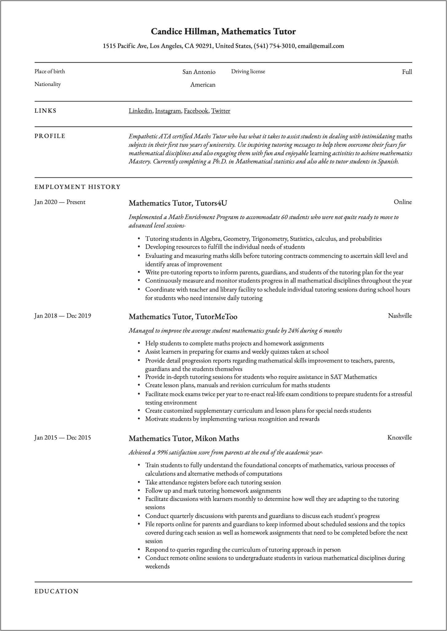 Descriptions For Being A Tutor On Resume
