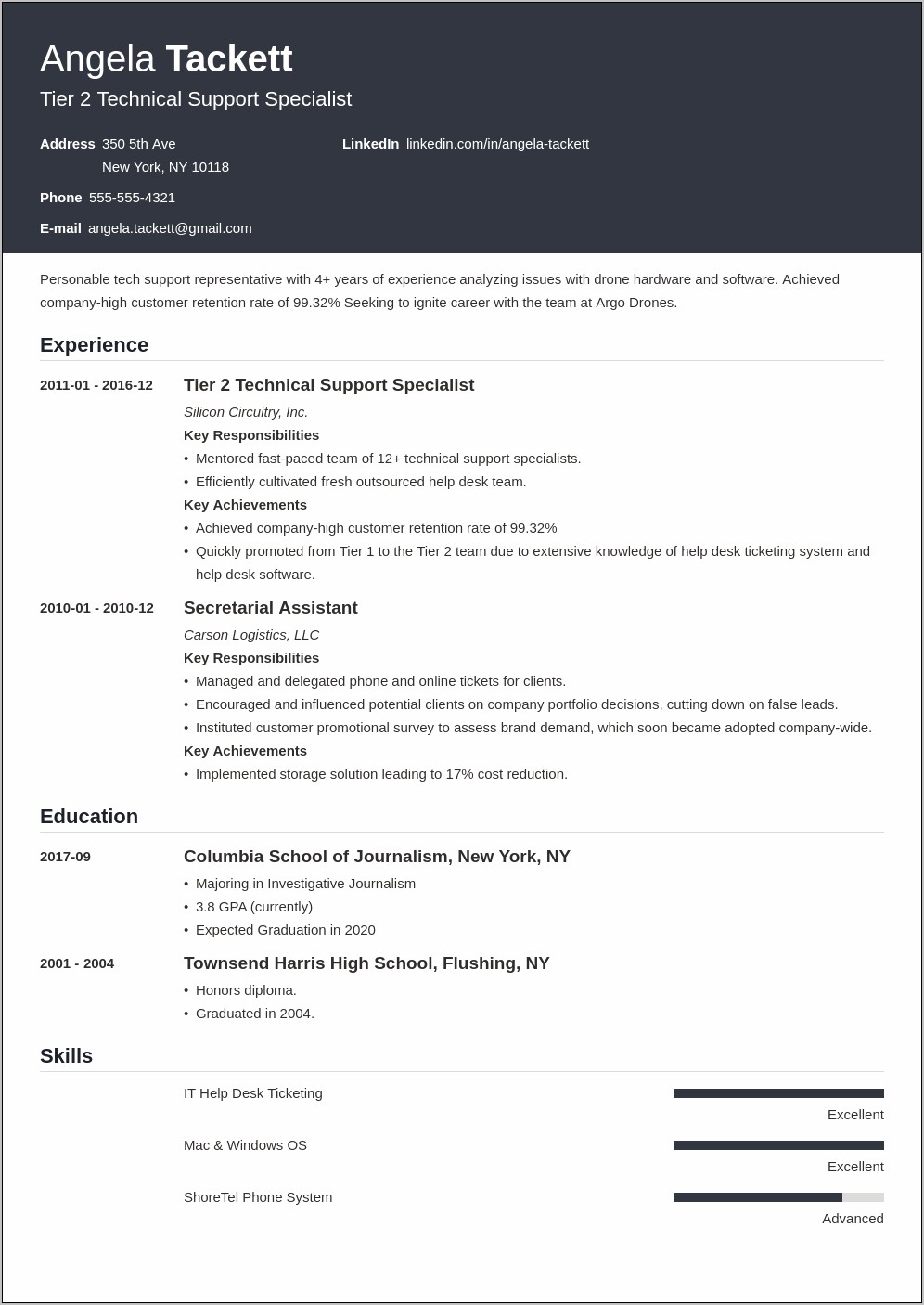 Desktop Support Technician Salary Resume Sample