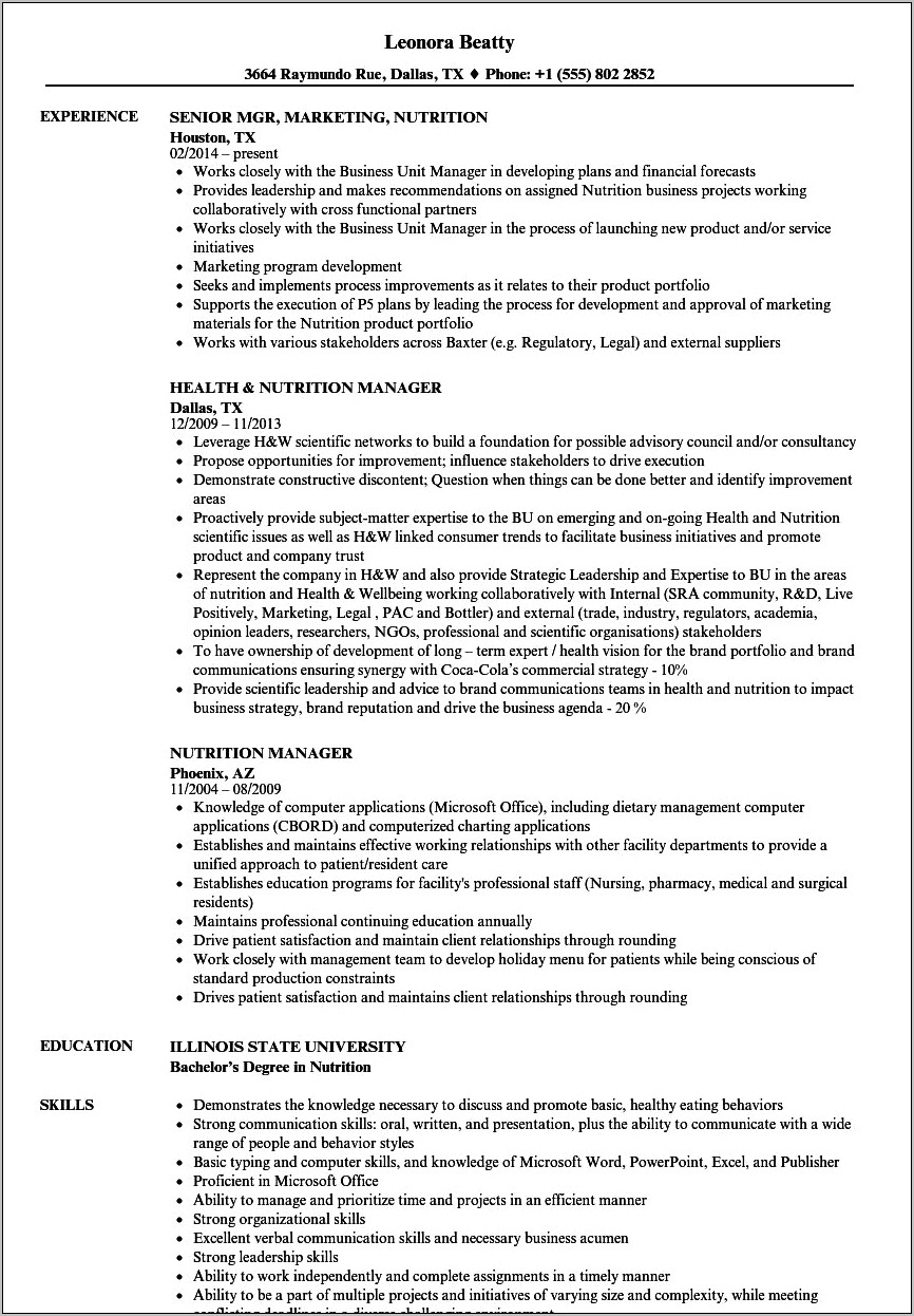 Dietitian Resume Skills Qualifications Summary Section