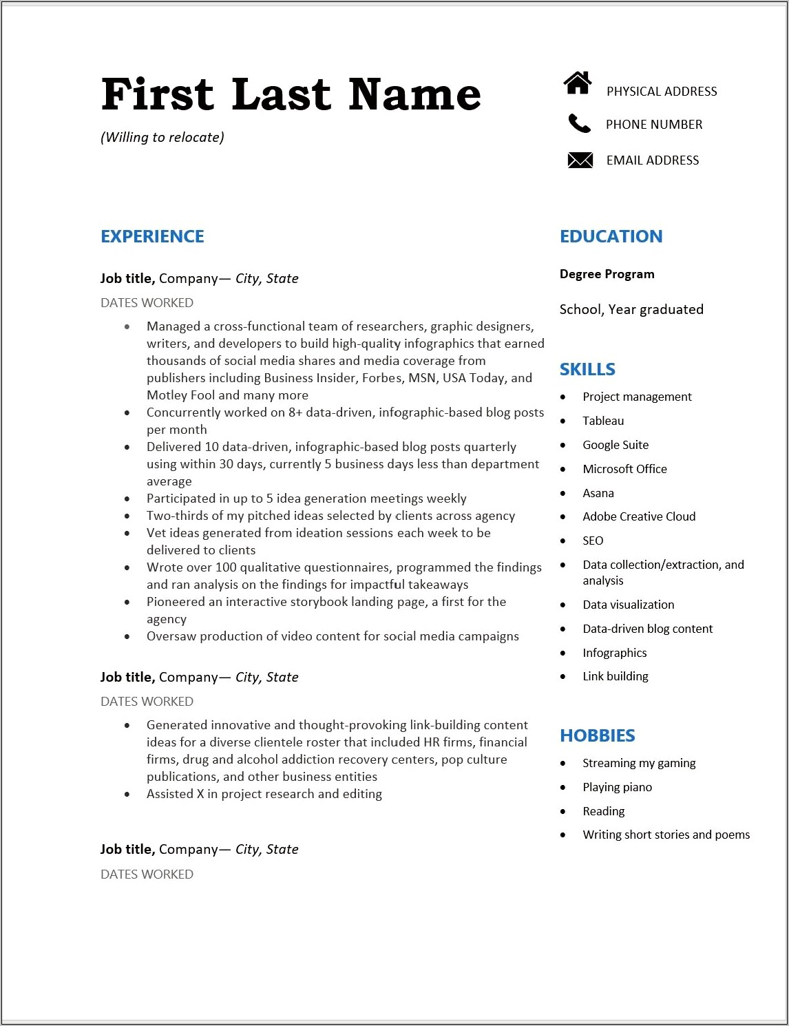 Different Ways To Say Experience In Resume
