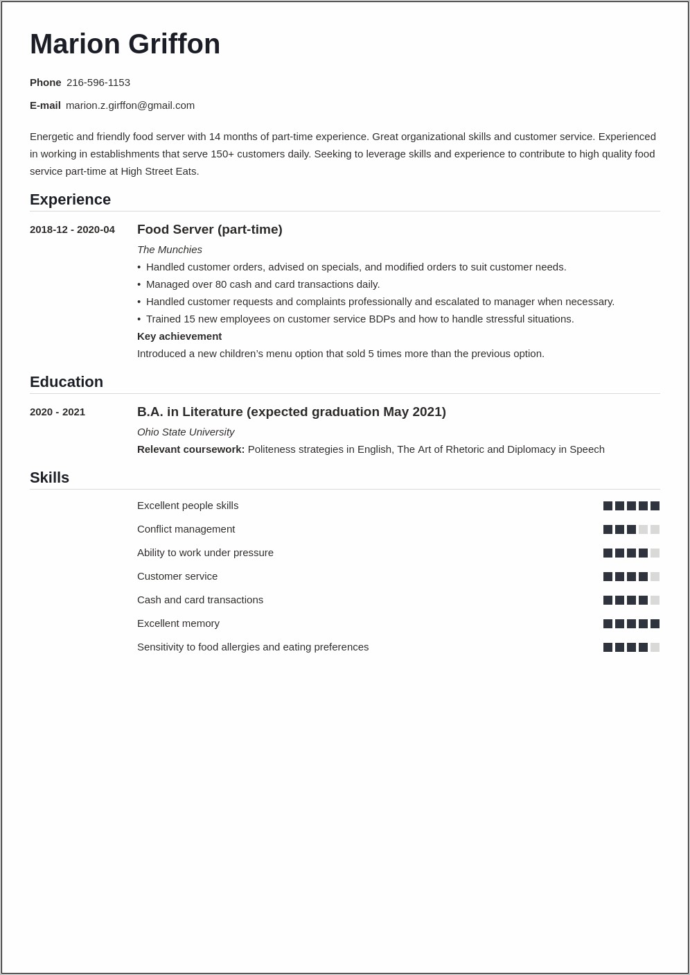 Dining Experience Resume Part Time Jobs Graduate Students