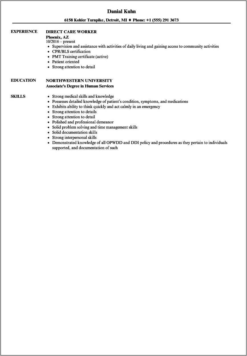 Direct Care Worker Resume Examples