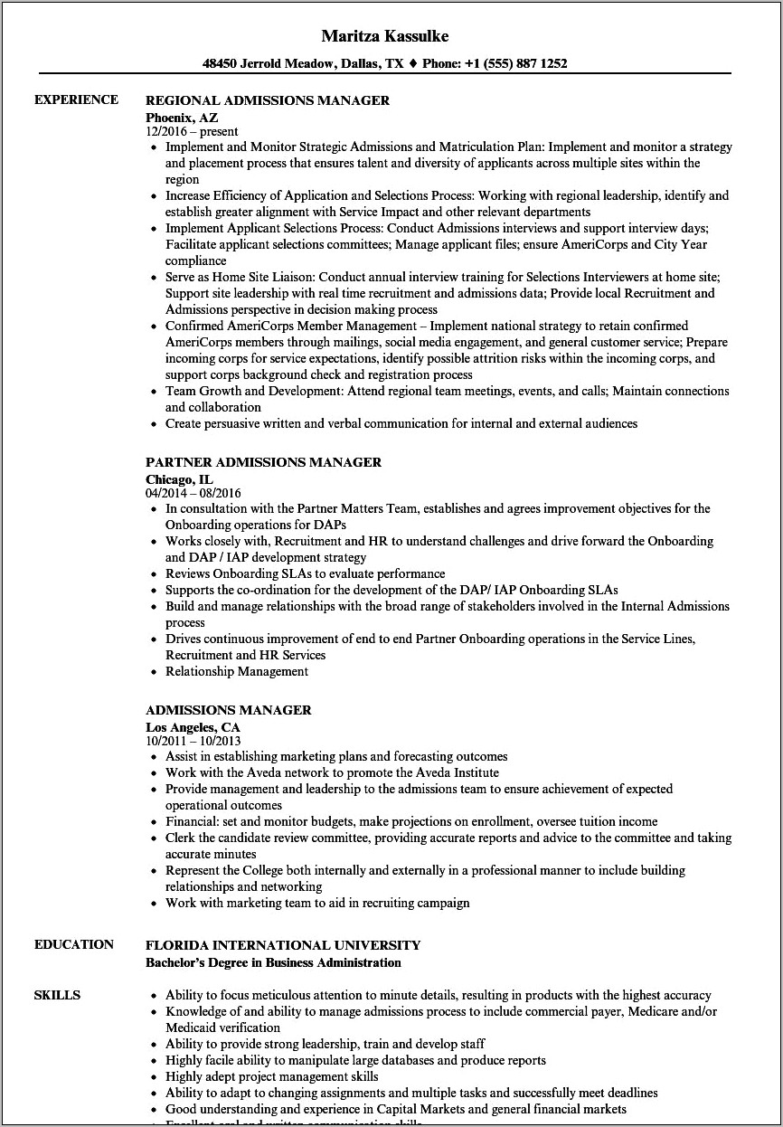 Director Of Admissions Job Description Resume