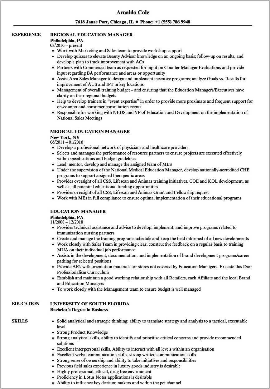 Director Of Education And Outreach Sample Resume