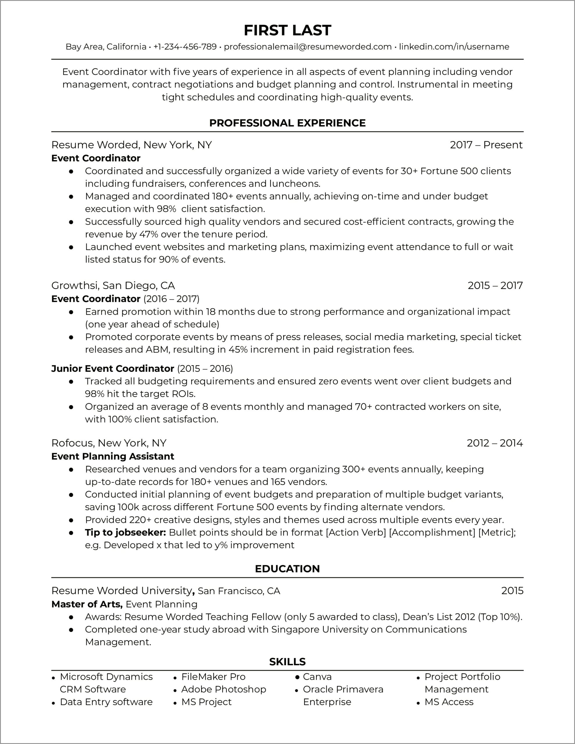 Director Of Events Resume Sample