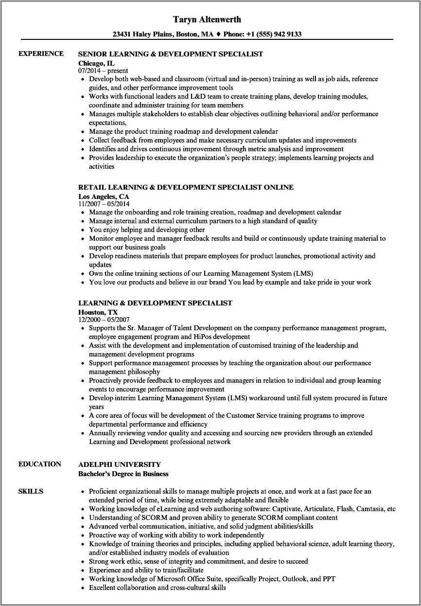Director Of Learning And Development Resume Sample