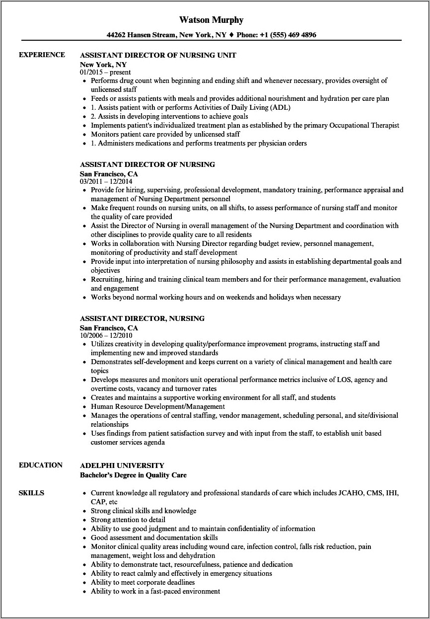Director Of Nursing Job Description Resume