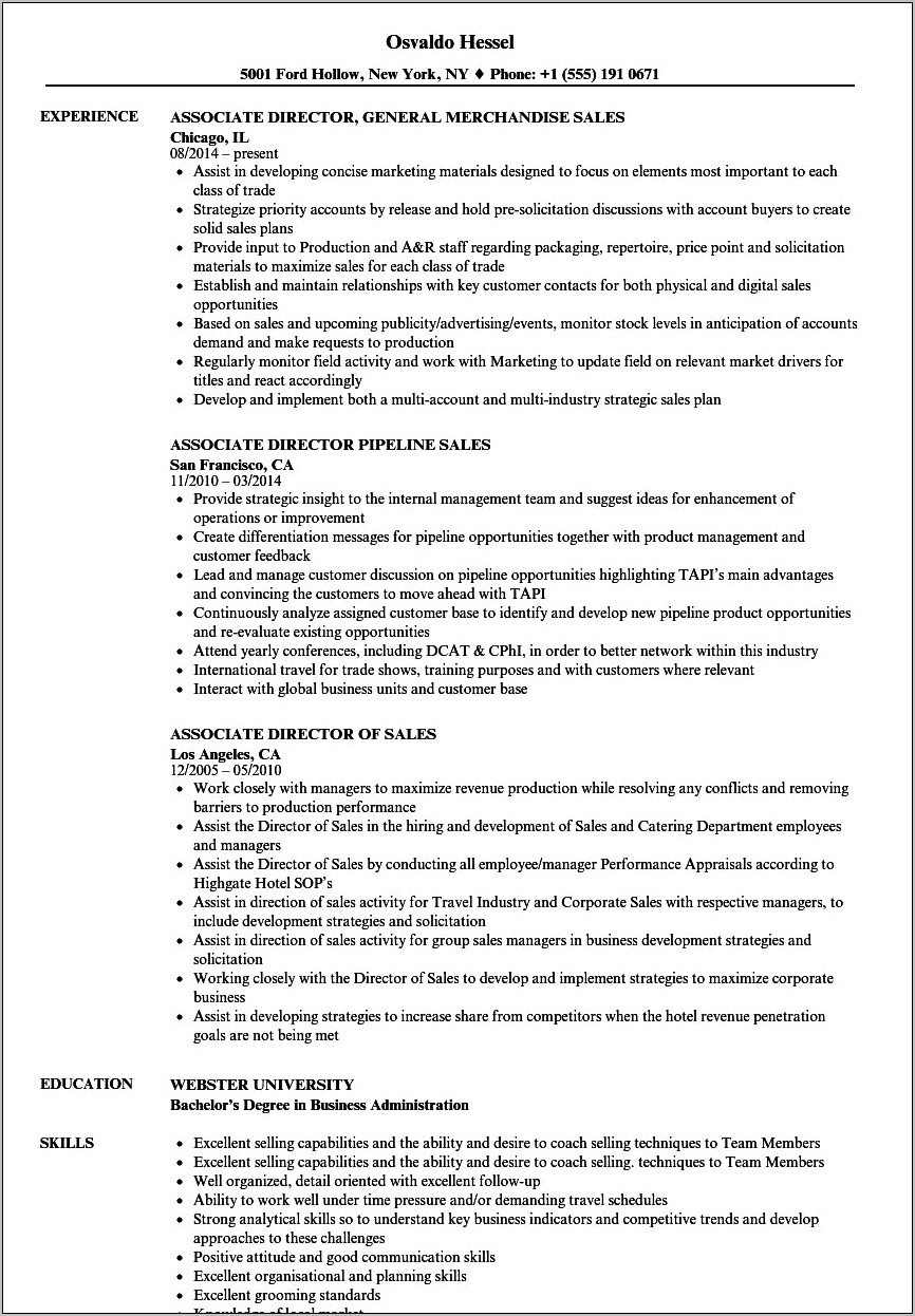 Director Of Sales Hotel Resume Example